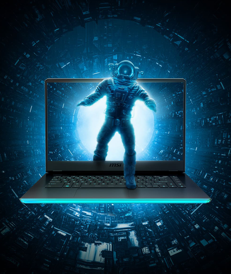 A man is walking out of the display of a GE66 Raider laptop